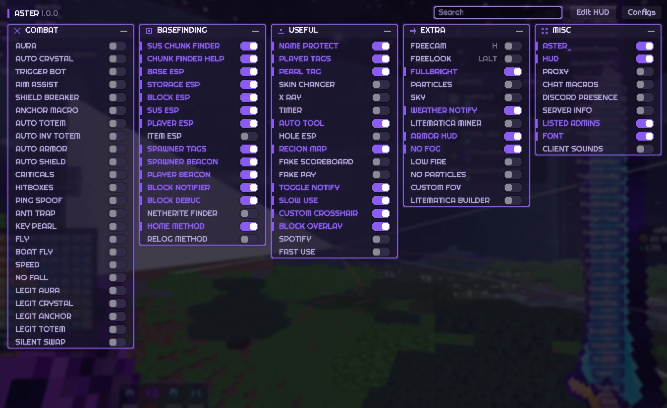 The Aster client menu in Minecraft: category columns of modules with violet toggles.